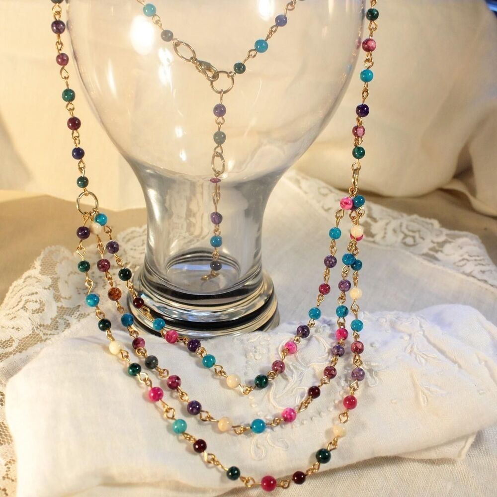Colorful Gold-tone Multi-strand Handmade Beaded Necklace